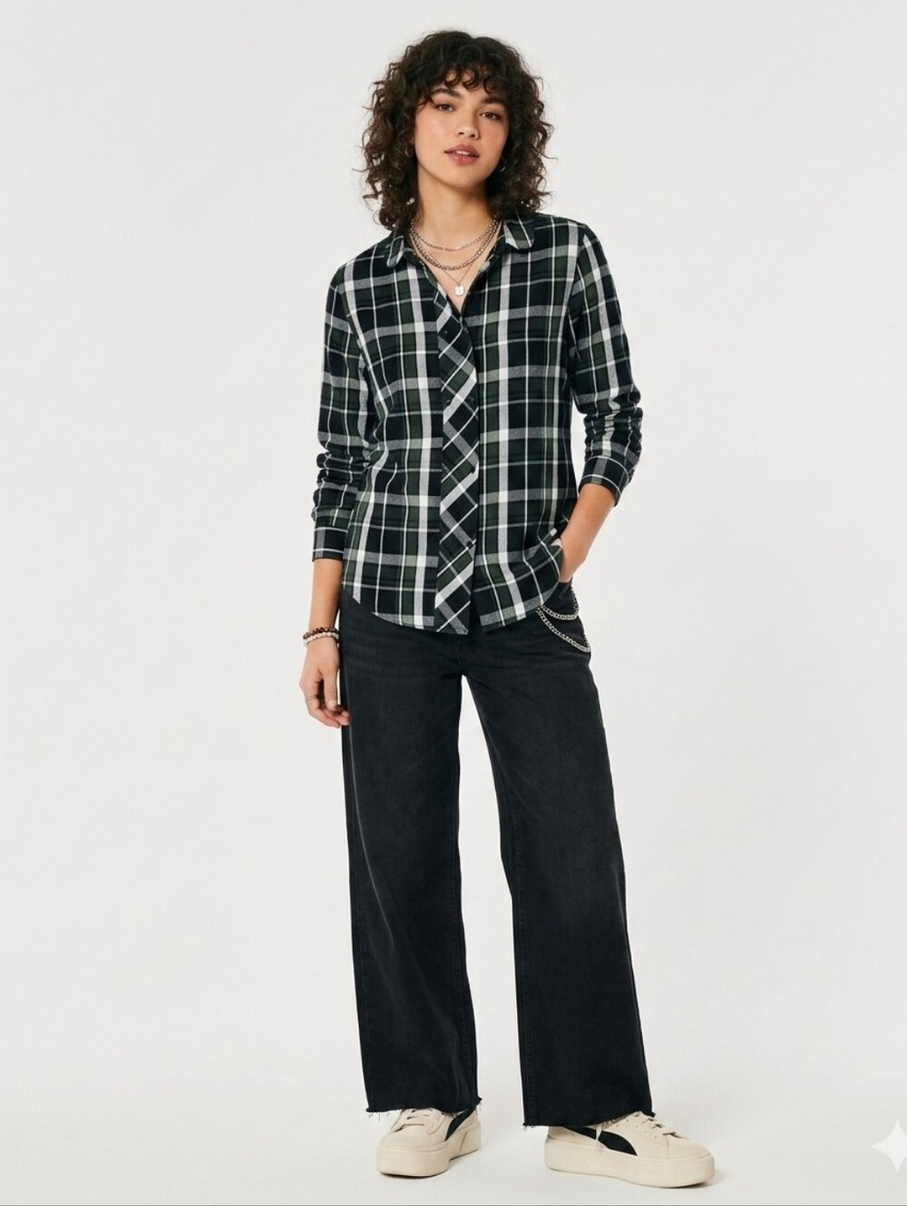 Zara Plaid Button Down Shirt With Peter Pan Collar